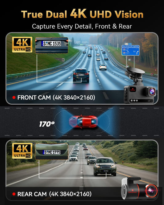 4K+4K Dash Cam Front and Rear, Free 128GB Card Included, 5.8GHz WiFi Dash Camera for Cars, Built-in GPS, G-Sensor, 170°Wide Angle, 3" IPS Screen, 24H Parking Mode, Support 512GB Max