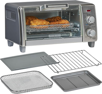 BLACK+DECKER Crisp 'N Bake Air Fry Countertop Convection Toaster Oven, Medium Capacity, 4-Slice, 5-in-1, Fits 9” Pizza, 30-Min Timer, Bake, Broil, Air Fry, Toast, Keep Warm, Stainless Steel