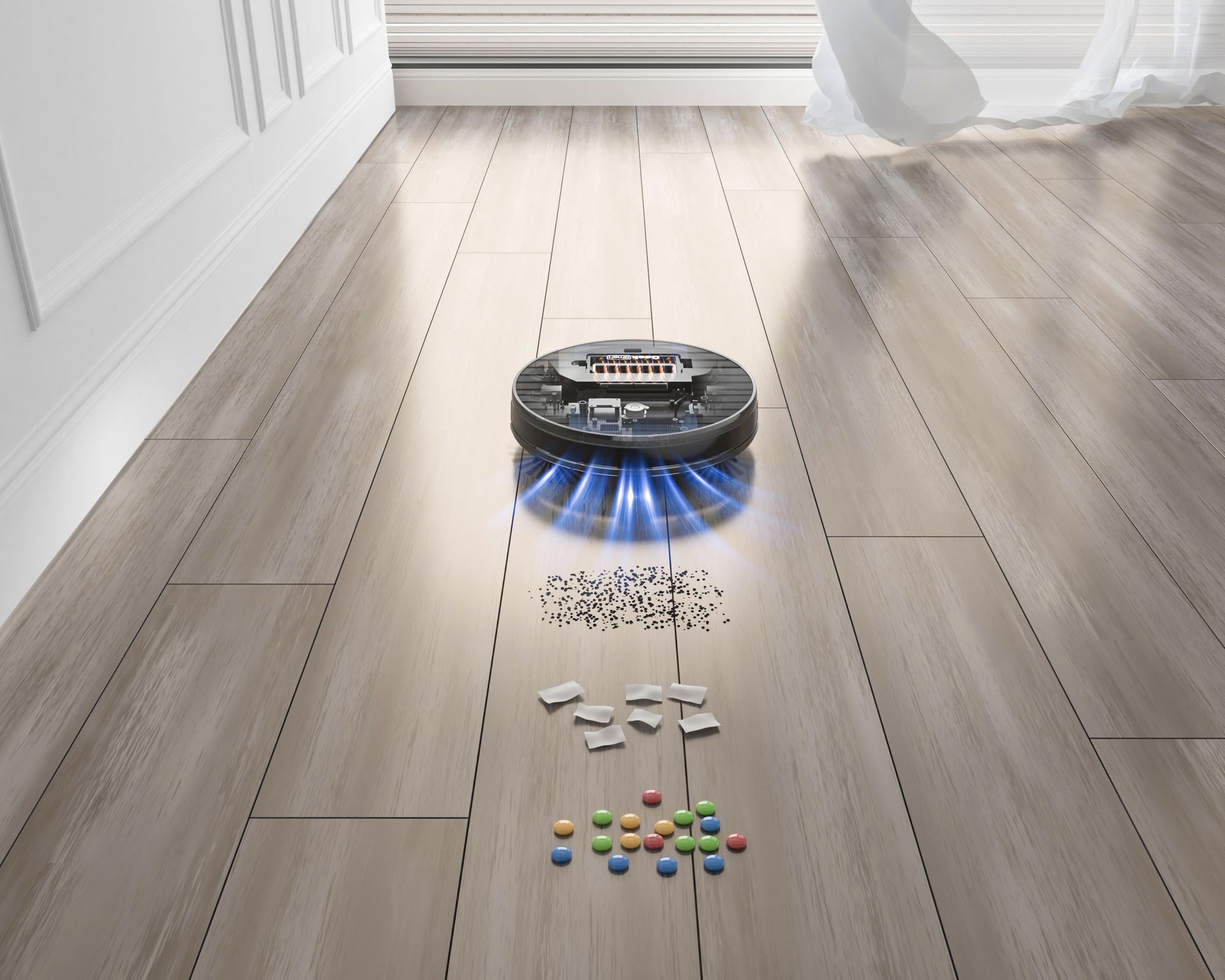 Robotic vacuum cleaner cleaning a wooden floor 