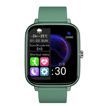 Green smartwatch with a display showing various icons 