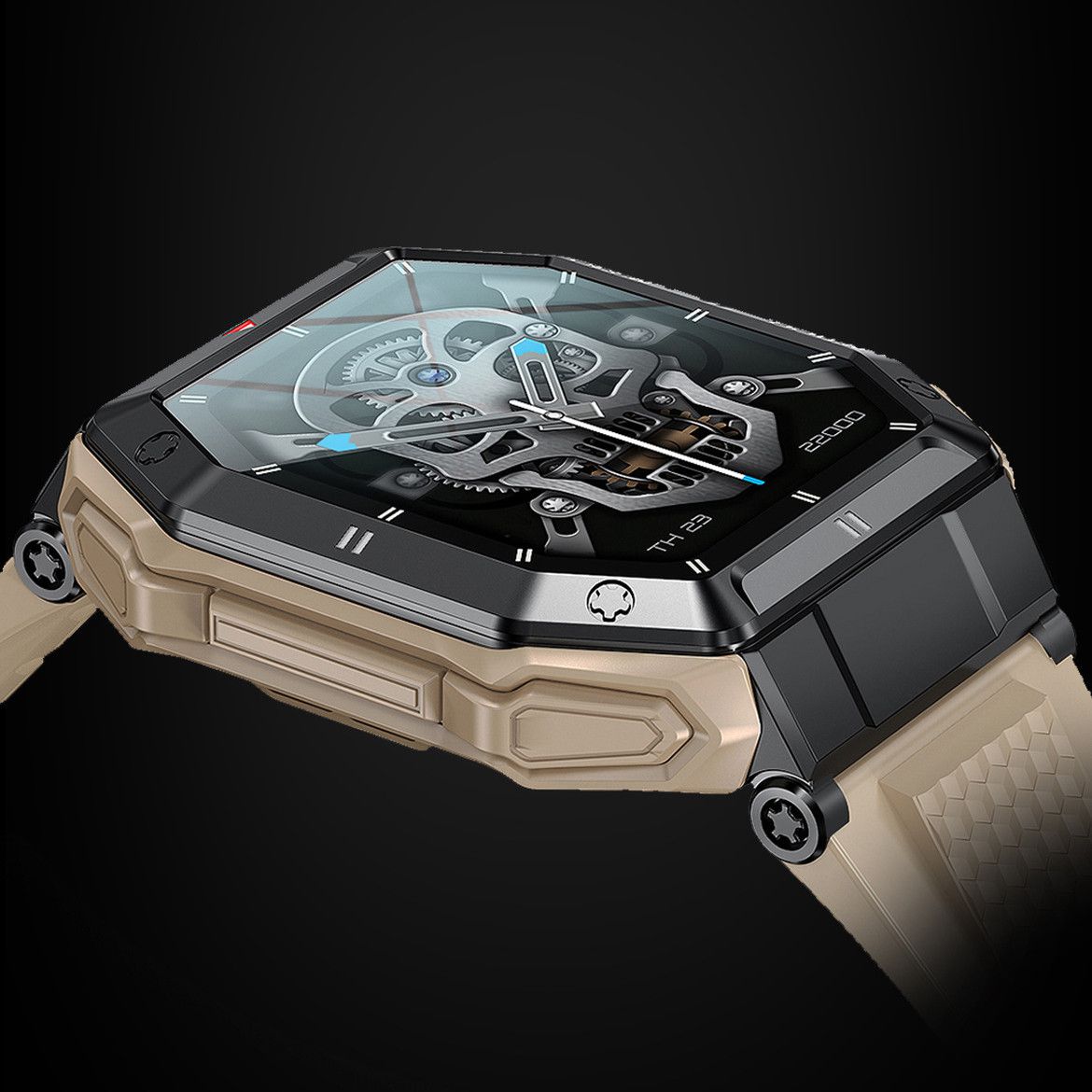 Beige and black smartwatch with a detailed face 