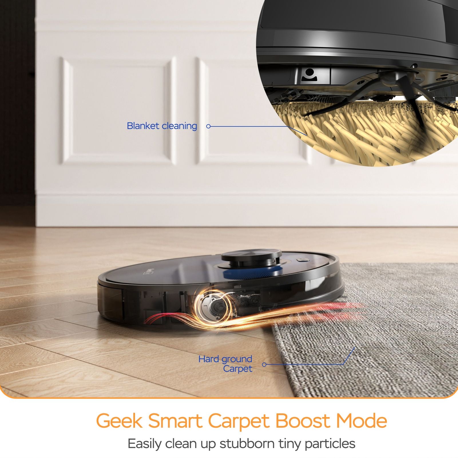 Robot vacuum cleaner cleaning a floor with a close-up of its cleaning mechanism.