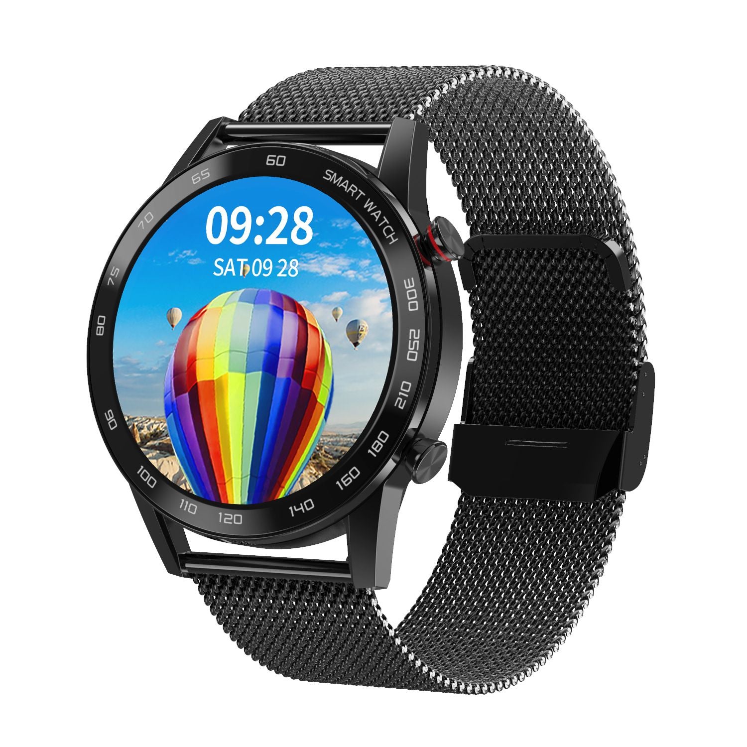 Smartwatch with a black mesh band and circle display
