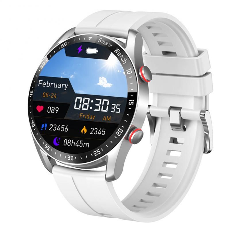 White smartwatch with a digital display and white strap