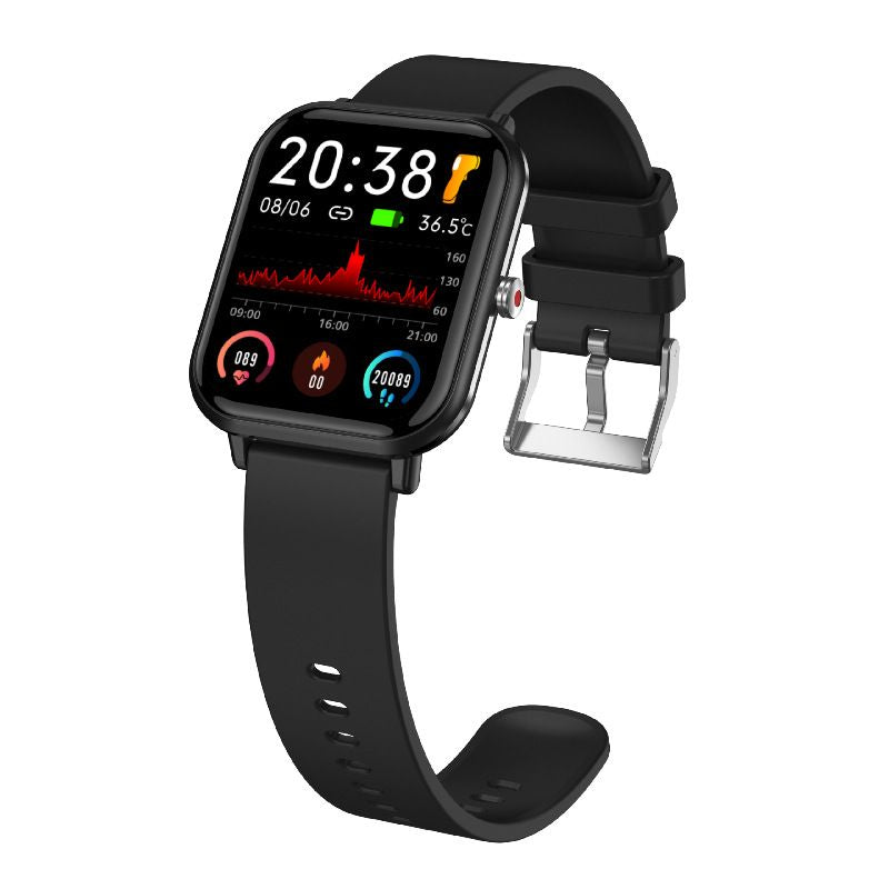 Black smartwatch with a detailed display and various features