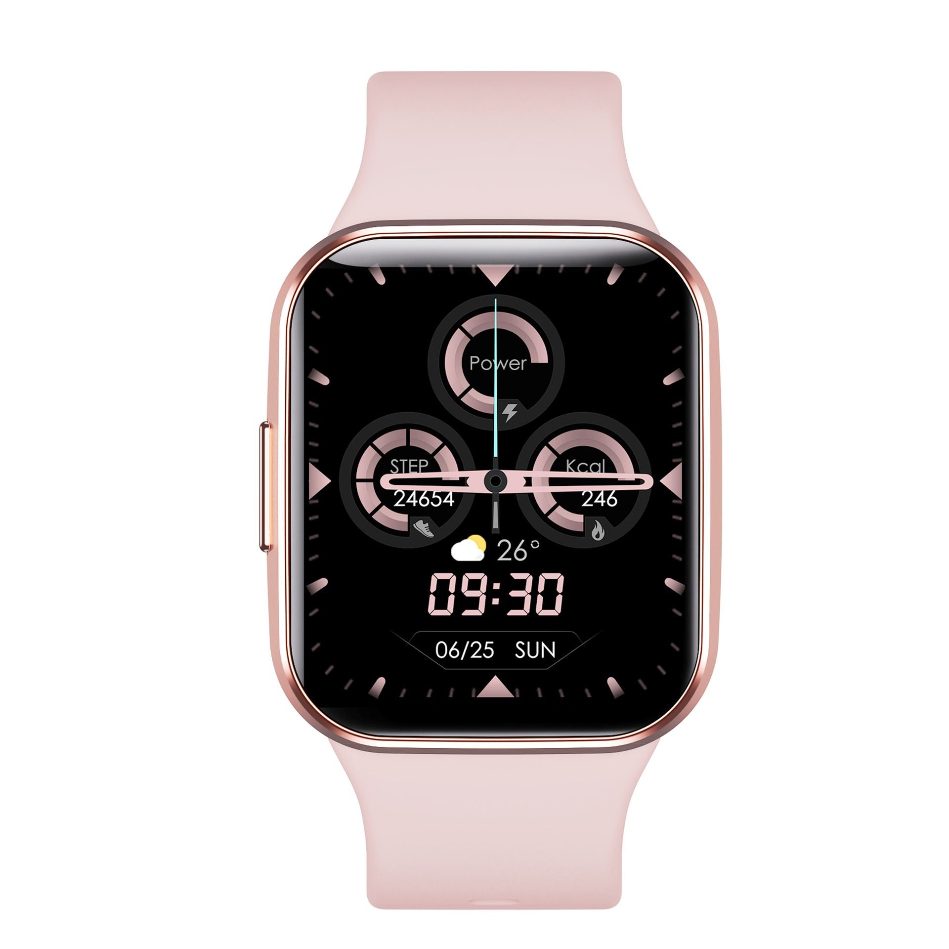 Smartwatch with a pink band and black display
