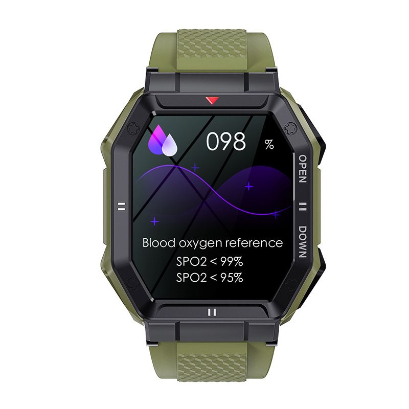 Smartwatch with a green band displaying health monitoring