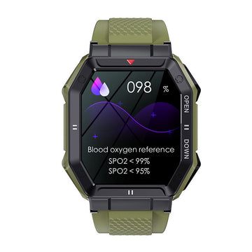 Smartwatch with a green band displaying health monitoring
