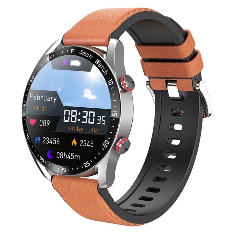 Smartwatch with a brown and black leather strap