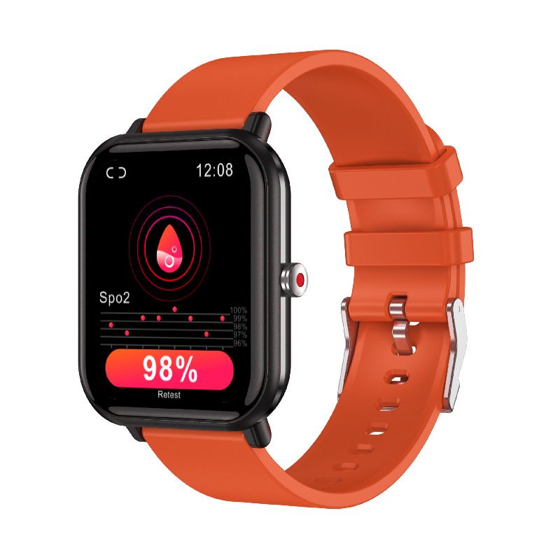 Smartwatch with an orange band and various features