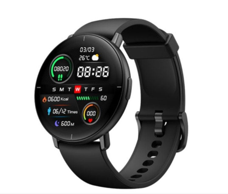 Black smartwatch with a colorful display and icons