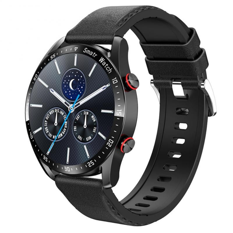 smartwatch with black strap displaying a watch face with a moon
