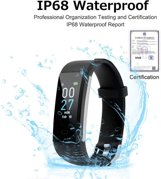 Black smartwatch with water splashes and IP68 certification