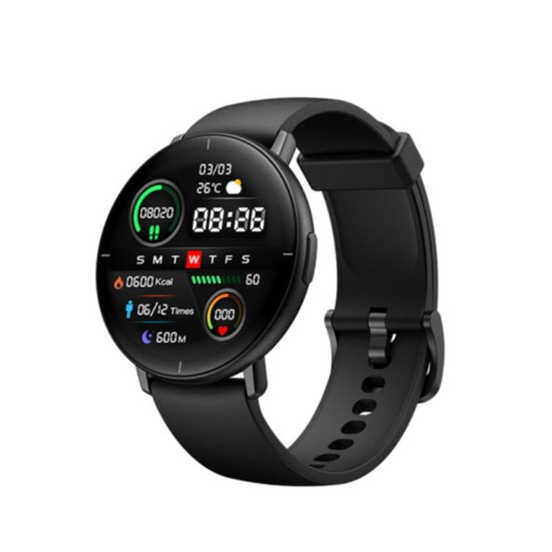 Black smartwatch with a digital display and icons