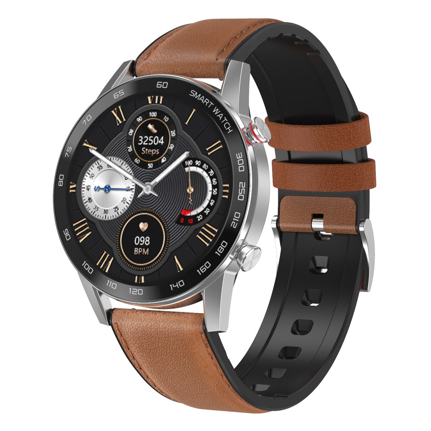 Smartwatch with black and brown leather strap 