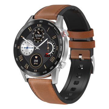 Smartwatch with black and brown leather strap 