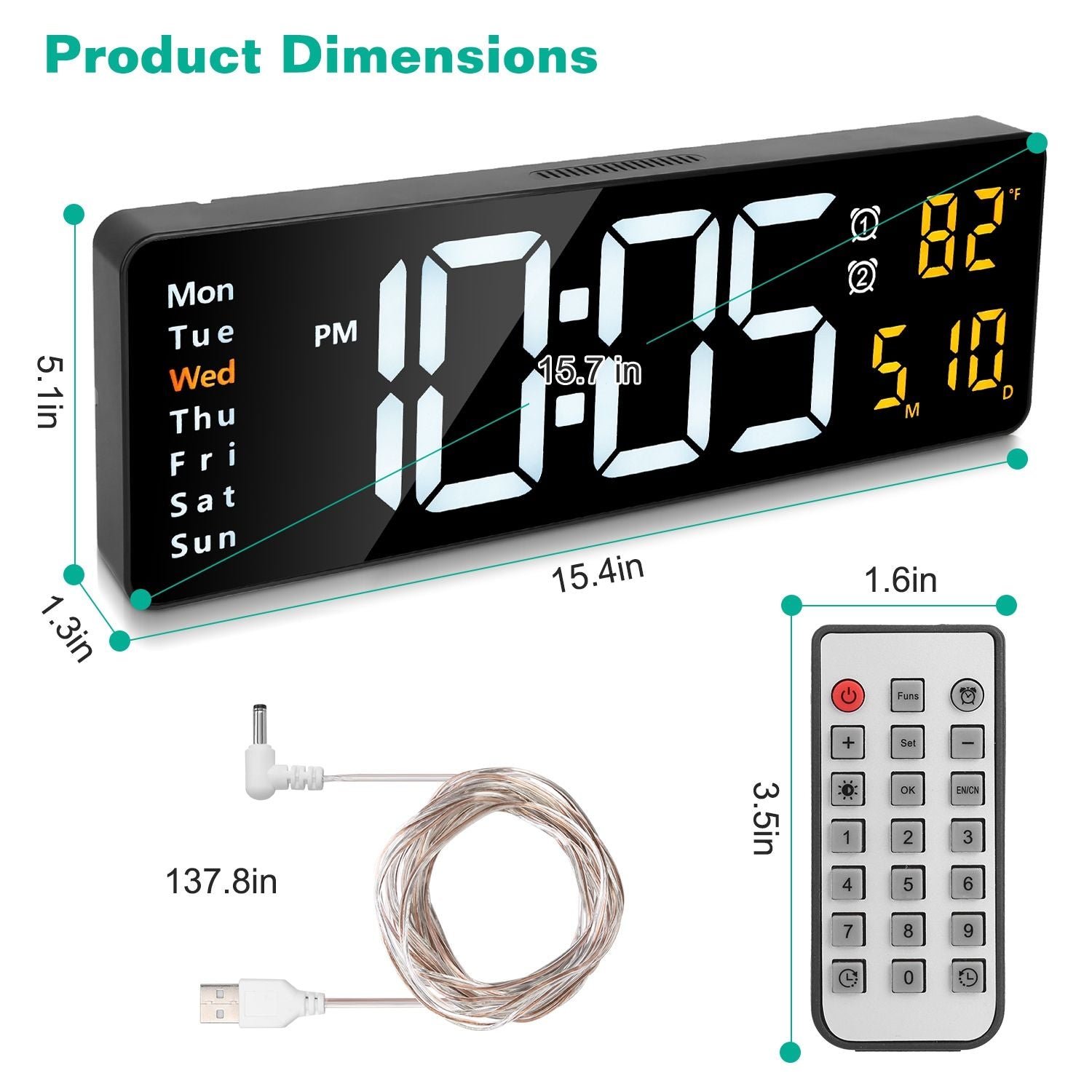 Clock Remote 15.7in LED Digital Wall Clock with Remote Control 10 Level Brightness