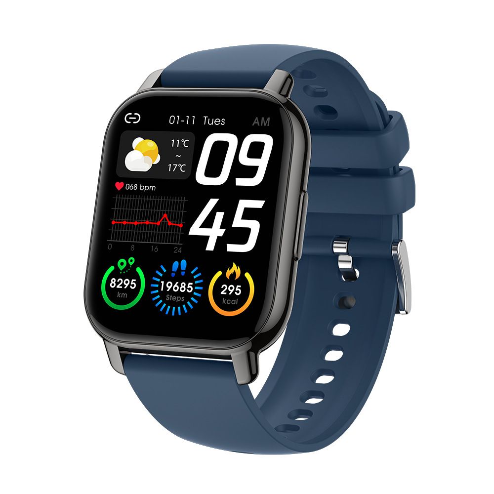 Smartwatch with a blue strap and various icons