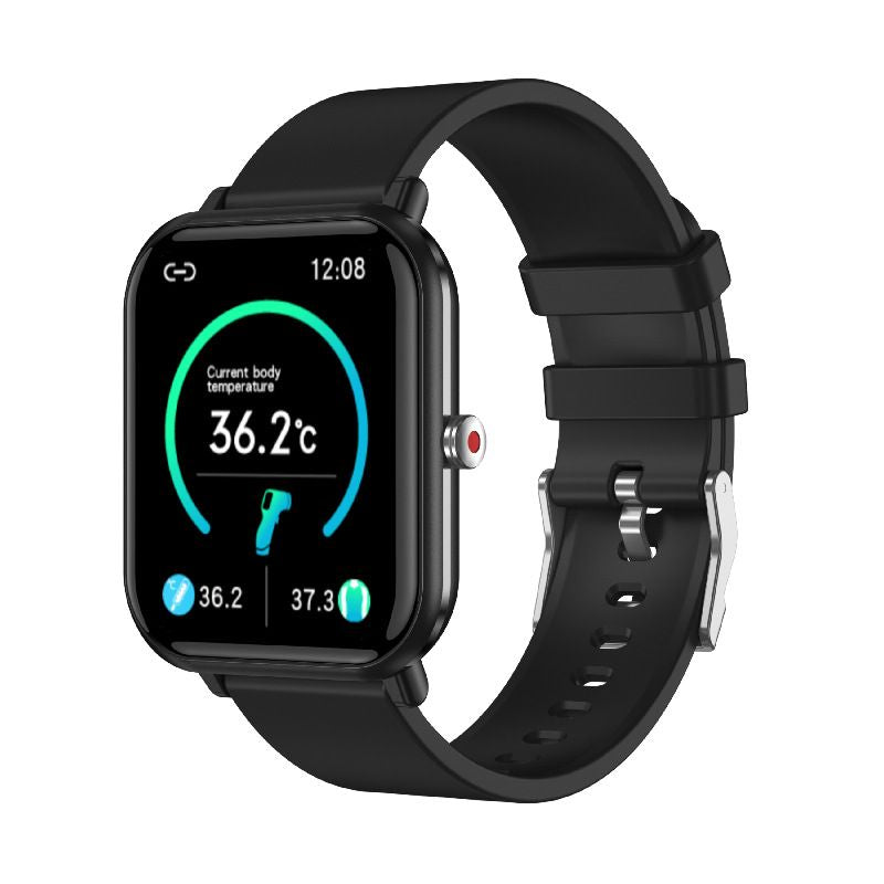 Black smartwatch with a temperature measurement display 