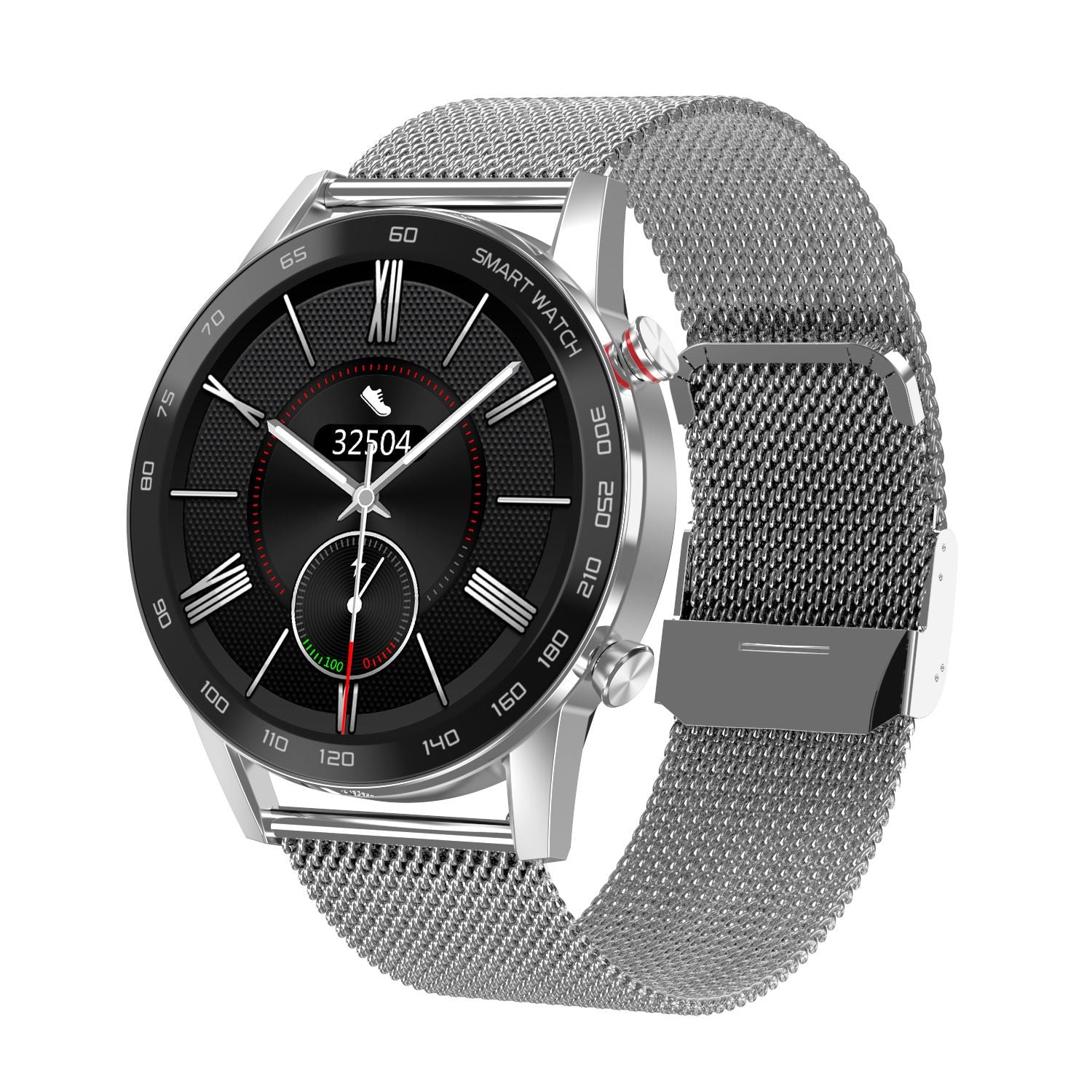 Smartwatch with a silver mesh band and black display