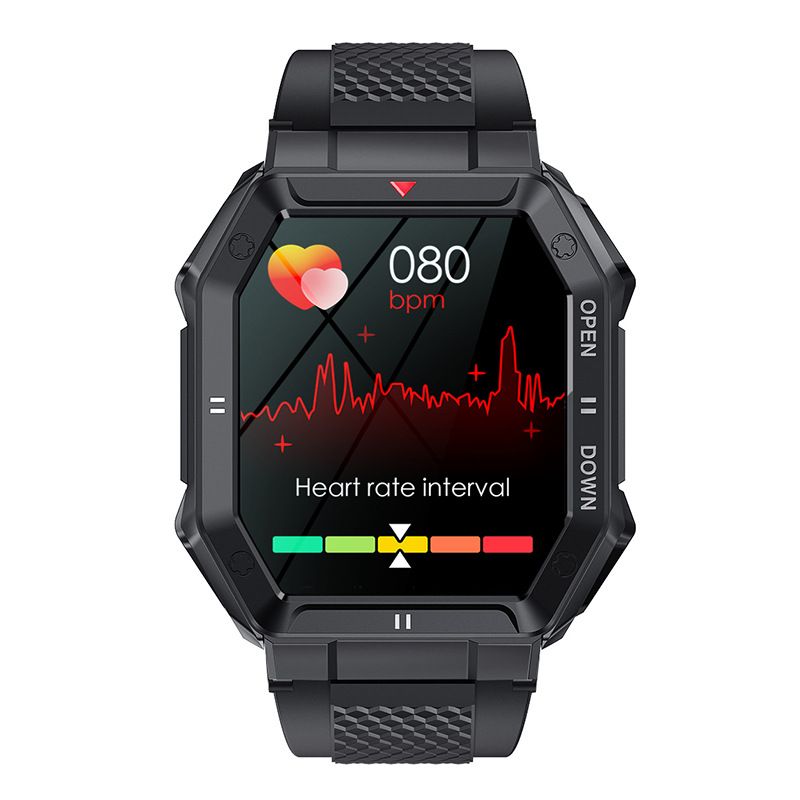 Black smartwatch displaying heart rate monitoring