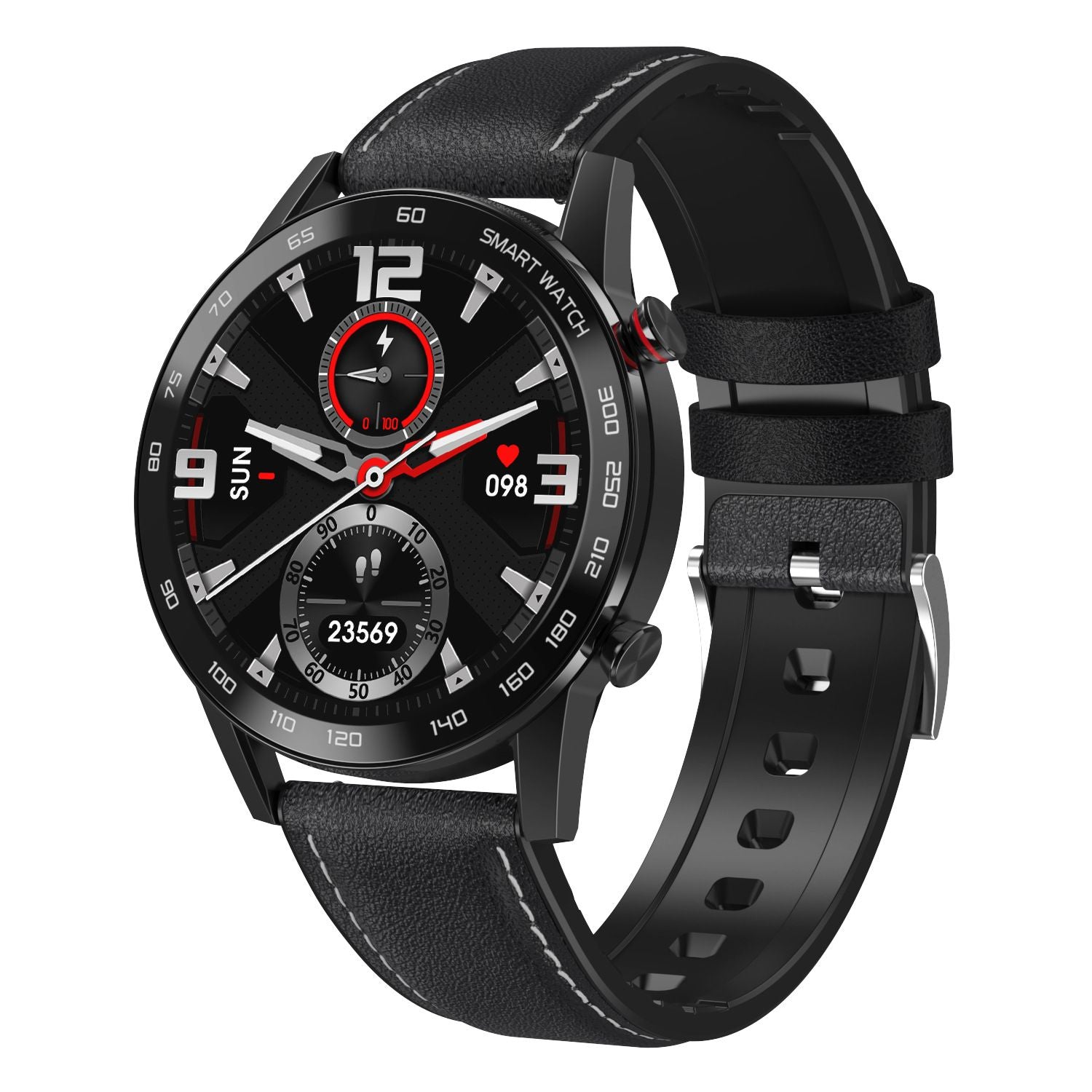 Black leather strap smartwatch 