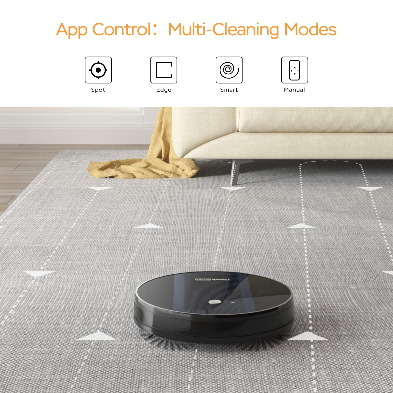 Robotic vacuum with app control modes displayed 