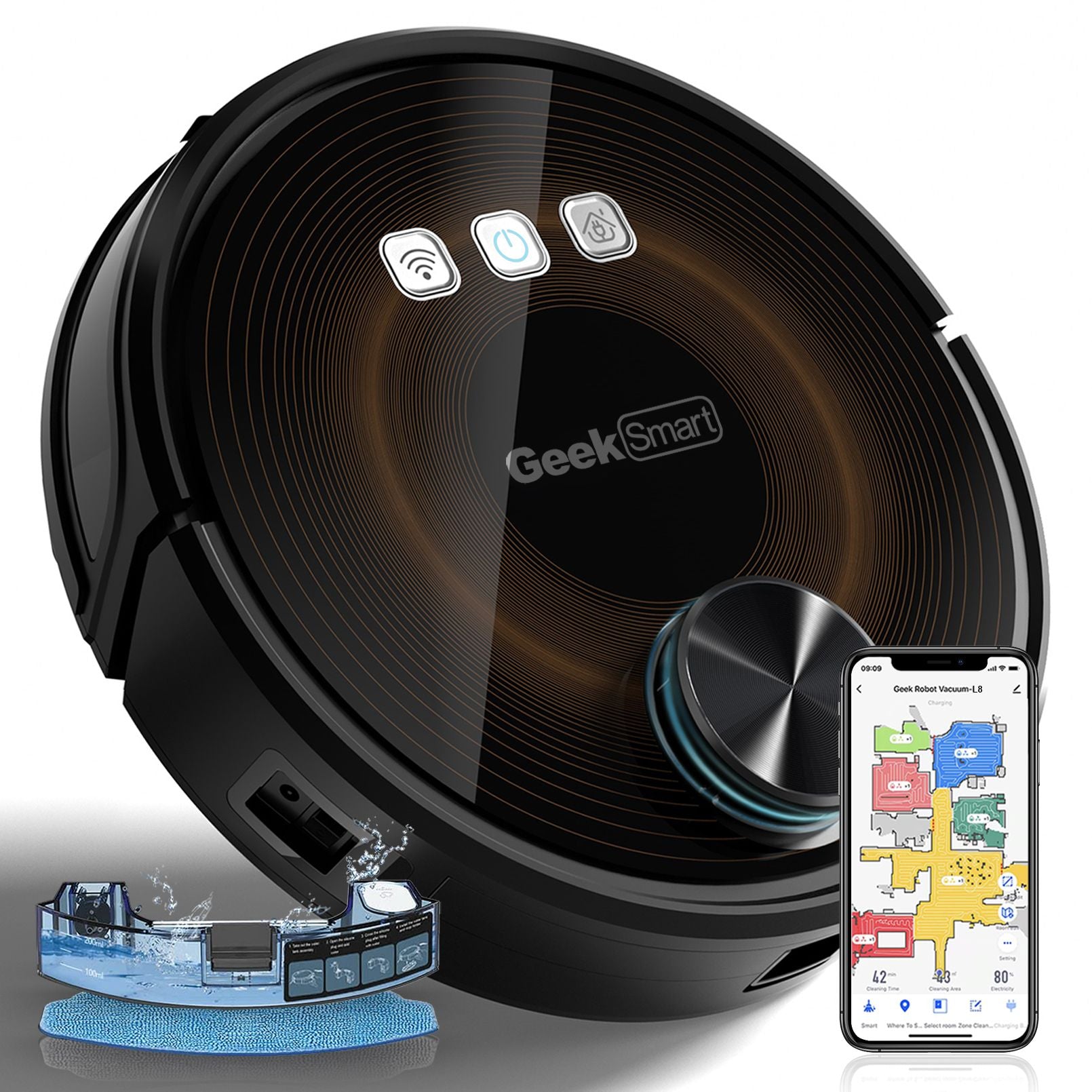Black robot vacuum cleaner with smartphone app interface 