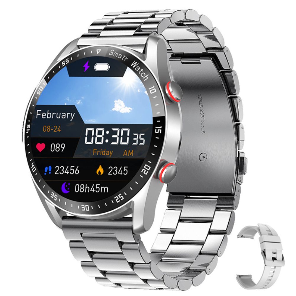 Stainless steel silver smartwatch with digital display