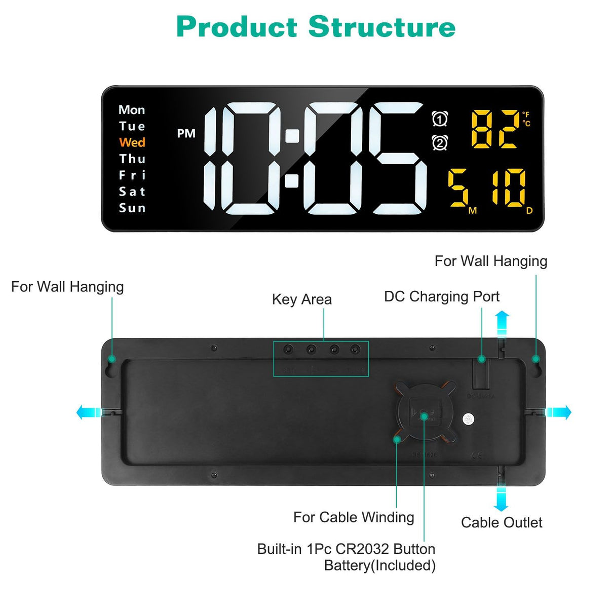 15.7in LED Digital Wall Clock with Remote Control 10 Level Brightness