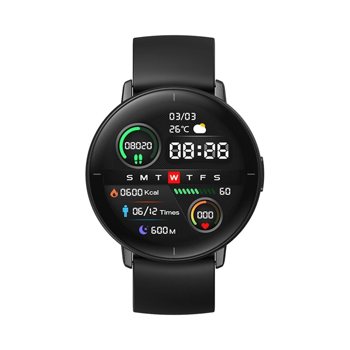 Black smartwatch with a digital display