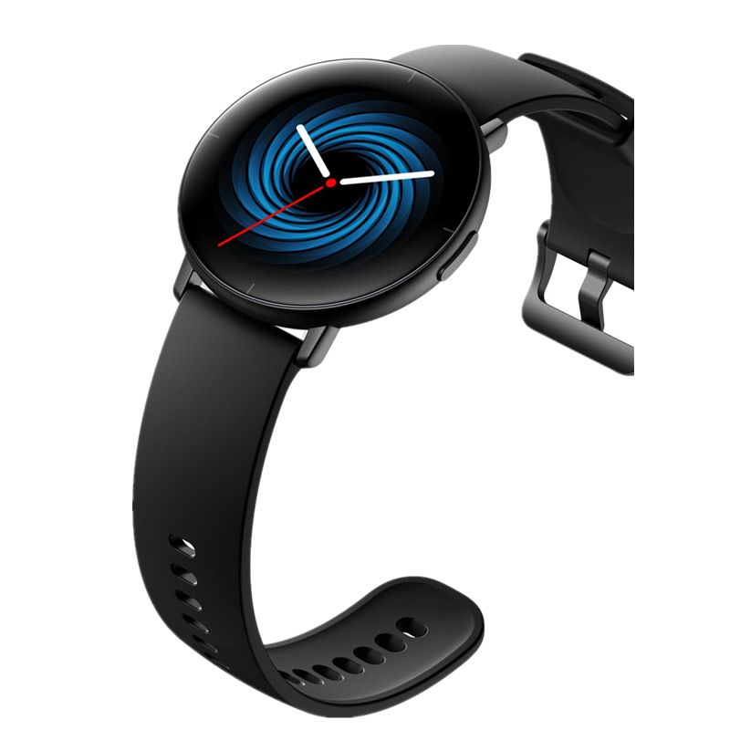 Black smartwatch with a blue and red circular display 